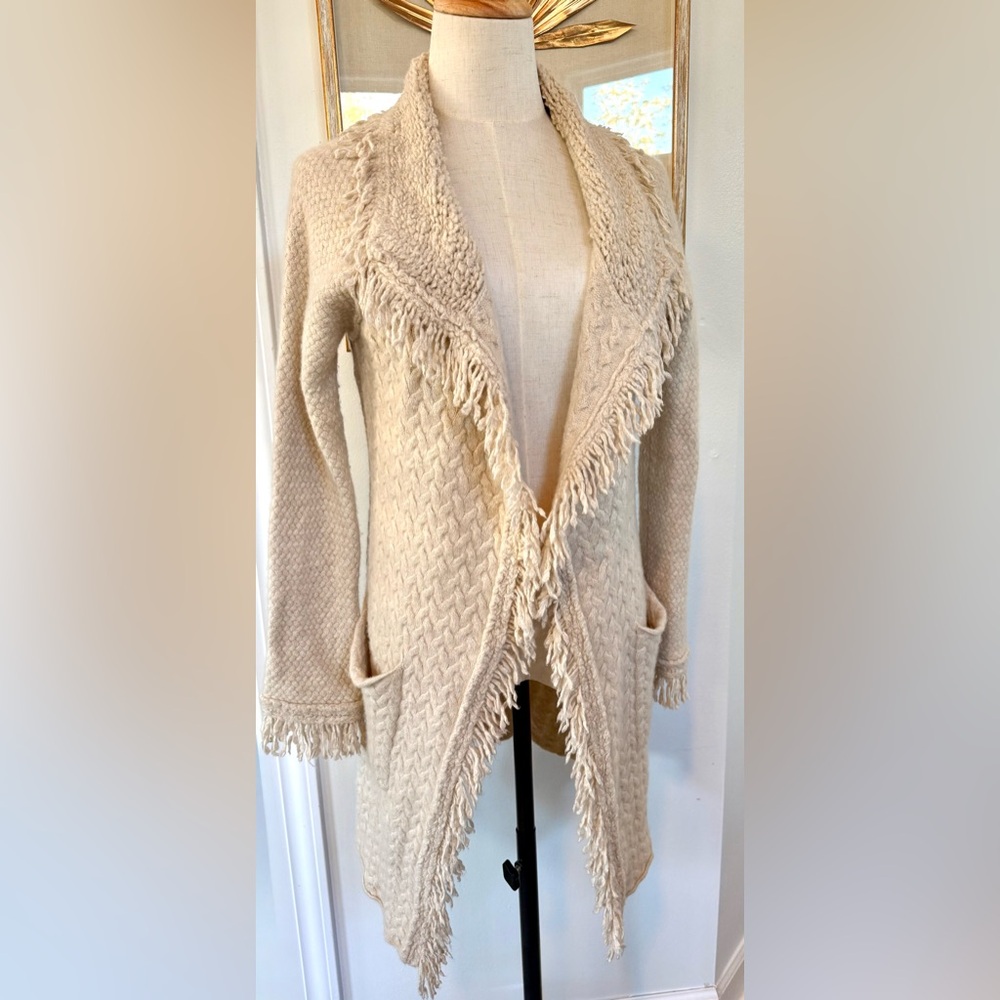Cream Wool-Blend Fringe Cardigan | Boho Open Front Coatigan - Picture 10 of 13